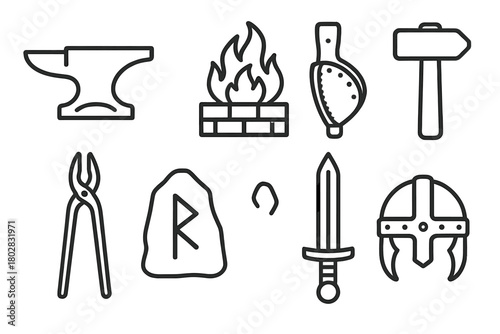 Norse Blacksmith Icons. Line style icons of Norse Blacksmith: Anvil, Bellows, Forge Fire, Hammer, Tongs, Rune Stone, Sword, Helmet