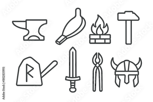 Norse Blacksmith Icons. Line style icons of Norse Blacksmith: Anvil, Bellows, Forge Fire, Hammer, Tongs, Rune Stone, Sword, Helmet