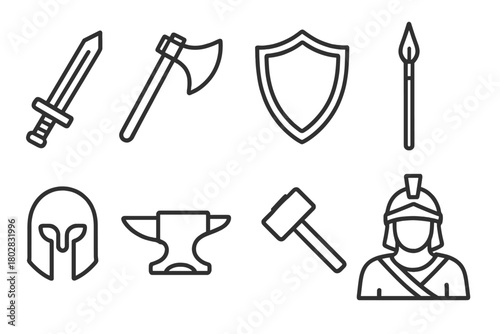 Battle Gear Icons. Line style icons of Battle Preparation: Sword, Axe, Shield, Spear, Helmet, Anvil, Hammer, Warrior, No text, No