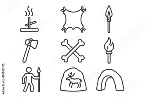 Primitive Camp Icons. Line style icons of Primitive Camp: Fire Drill, Animal Hide, Spear, Stone Axe, Bones, Torch, Hunter, Cave
