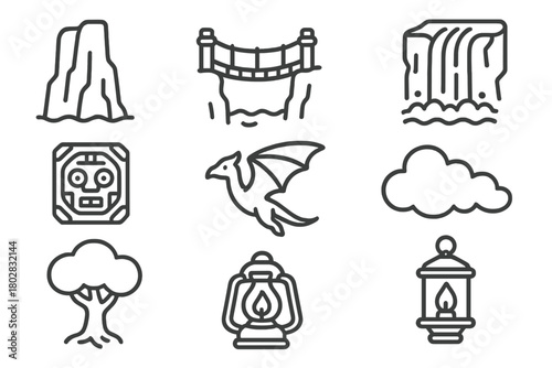 Hidden Isles Icons. Line style icons of Hidden Isles: Cliff, Rope Bridge, Waterfall, Ancient Relic, Flying Creature, Tree, Cloud,