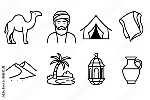 Desert Trade Icons. Line style icons of Desert Trade Route: Camel, Merchant, Tent, Silk, Sand Dune, Oasis, Lantern, Water Jar, No