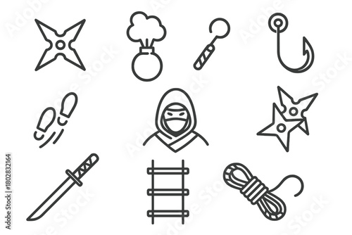 Stealth Assassin Icons. Line style icons of Stealth Assassin: Shuriken, Smoke Bomb, Grappling Hook, Silent Movement, Katana, Hood,