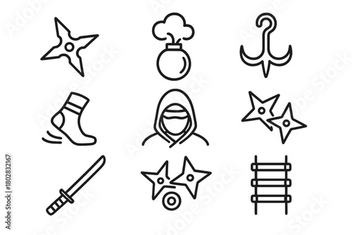 Stealth Assassin Icons. Line style icons of Stealth Assassin: Shuriken, Smoke Bomb, Grappling Hook, Silent Movement, Katana, Hood,