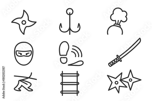 Covert Fighter Icons. Line style icons of Covert Fighter: Shuriken, Grappling Hook, Smoke Bomb, Silent Movement, Katana, Mask,