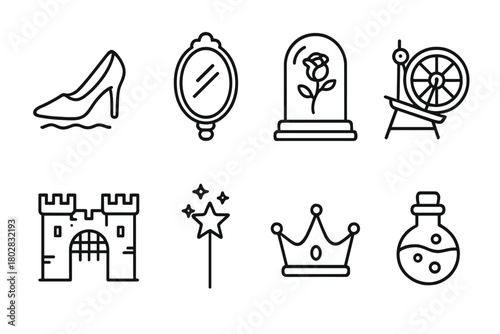 Magical Tales Icons. Line style icons of Magical Tales: Glass Slipper, Magic Mirror, Enchanted Rose, Spinning Wheel, Castle Gate,