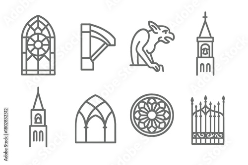 Sacred Architecture Icons. Line style icons of Sacred Architecture: Stained Glass, Flying Buttress, Gargoyle, Bell Tower, Spire,