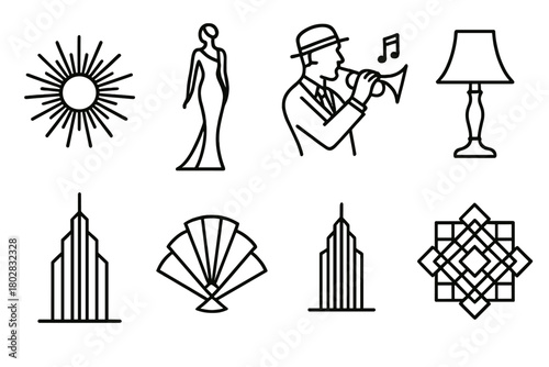 Art Deco Icons. Line style icons of Deco Glamour: Sunburst Motif, Sleek Figure, Ziggurat Design, Jazz Age, Elegant Lamp,