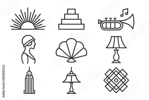 1920s Elegance Icons. Line style icons of 1920s Elegance: Sunburst Motif, Ziggurat Design, Jazz Age, Sleek Figure, Stylized Fan,