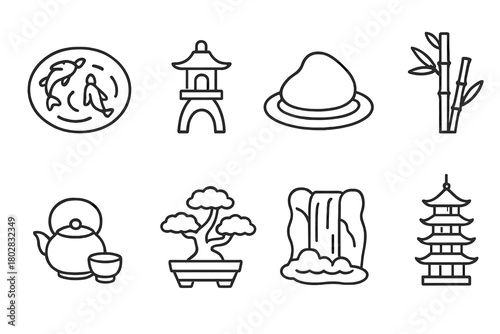 Bamboo Garden Icons. Line style icons of Bamboo Garden: Koi Pond, Stone Lantern, Zen Rock, Bamboo Shoot, Tea Set, Bonsai Tree,