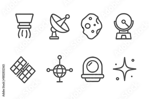 Space Probe Icons. Line style icons of Space Probe: Thruster Port, Data Array, Asteroid Fragment, Deep Space Scanner, Solar Sail