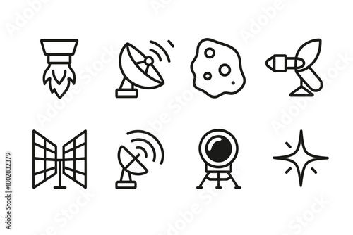 Space Probe Icons. Line style icons of Space Probe: Thruster Port, Data Array, Asteroid Fragment, Deep Space Scanner, Solar Sail