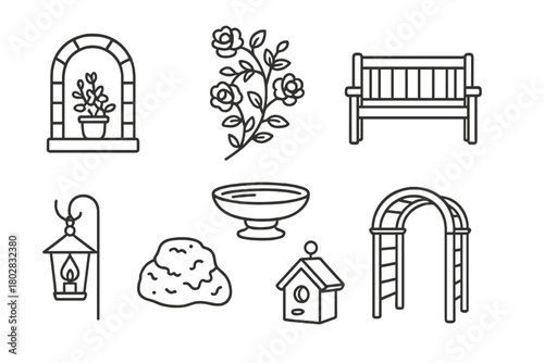 Secret Garden Icons. Line style icons of Secret Garden: Hidden Niche, Climbing Roses, Garden Bench, Moss Rock, Lantern Hanging,
