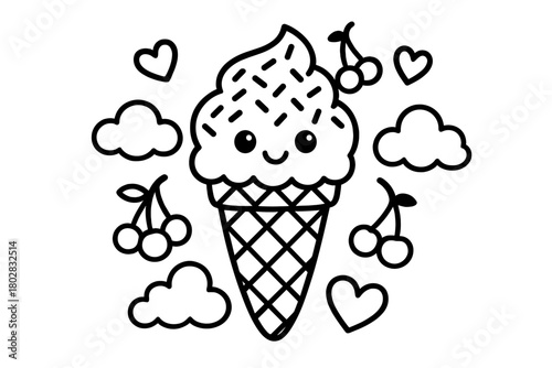 Smiling Ice Cream Cone. Delicious ice cream cone with sprinkles and happy eyes floating among clouds, cherries, and hearts, black