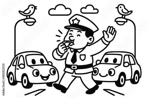 Whistling Traffic Cop. Funny policeman directing traffic with a whistle, cars with faces, and birds perched on streetlights, black