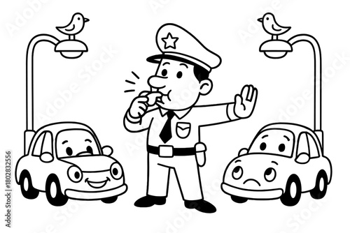 Whistling Traffic Cop. Funny policeman directing traffic with a whistle, cars with faces, and birds perched on streetlights, black
