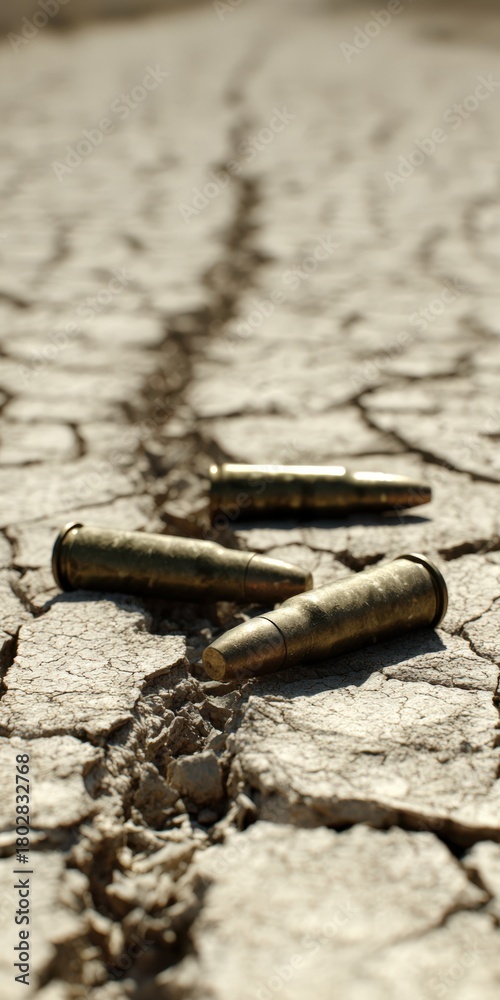 Naklejka premium Bullet cartridges lying on cracked dry earth