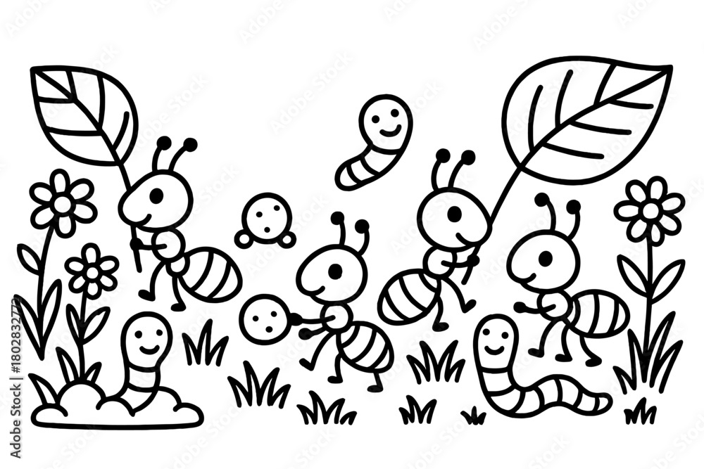 Obraz premium Ants' Merry March. Whimsical ant parade carrying leaves and crumbs with flowers, grass, and smiling worms nearby, black and white