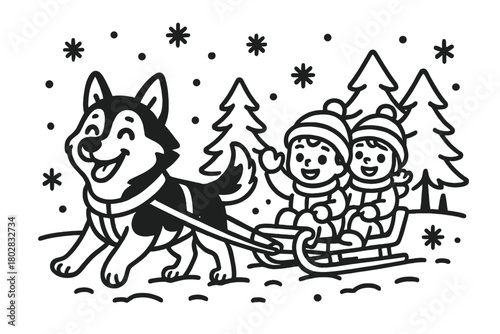 Husky Sled Adventure. Joyful husky dog pulling a sled with children, snowflakes, and pine forests around, black and white line art