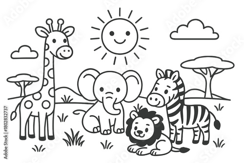 Smiling Savanna Animals. Magical savanna scene with animals together: giraffe, elephant, zebra, and lion under a smiling sun,
