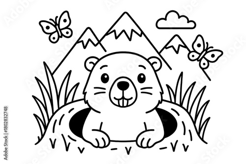 Marmot and Butterflies Scene. Curious marmot peeking out of its burrow with butterflies, grass, and mountain peaks behind, black