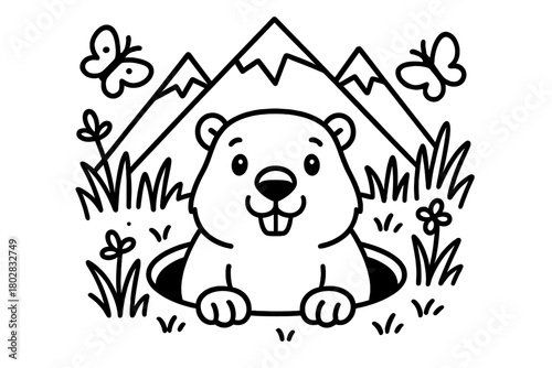 Marmot and Butterflies Scene. Curious marmot peeking out of its burrow with butterflies, grass, and mountain peaks behind, black