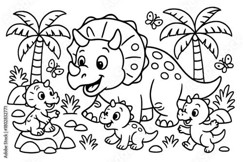 Triceratops and Baby Dinosaurs. Funny triceratops playing with baby dinosaurs surrounded by rocks, palm trees, and butterflies,