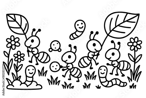 Ants' Merry March. Whimsical ant parade carrying leaves and crumbs with flowers, grass, and smiling worms nearby, black and white