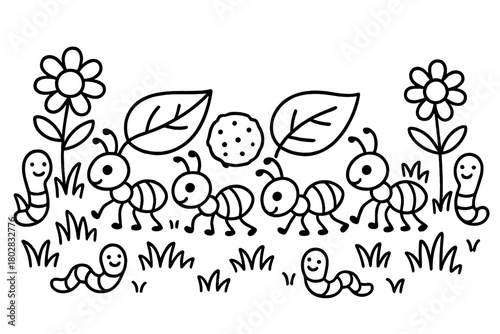 Ants' Merry March. Whimsical ant parade carrying leaves and crumbs with flowers, grass, and smiling worms nearby, black and white