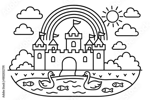 Castle and Moat Paradise. Cheerful castle surrounded by a moat with swans, fish, and a rainbow in the sky, black and white line