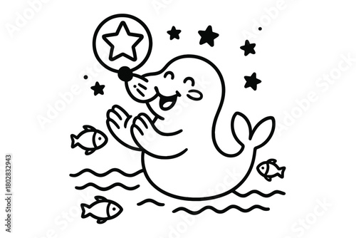 Seal Balancing Star. Joyful seal clapping and balancing a star-shaped ball on its nose with fish, waves, and stars, black and