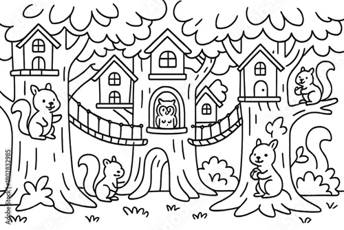 Treehouse City Adventure. Cheerful city built in giant trees with rope bridges, owls, and squirrels living happily, black and