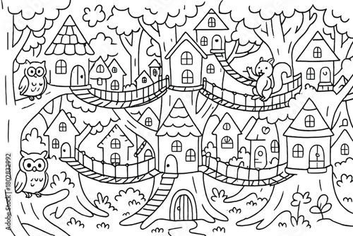 Treehouse City Adventure. Cheerful city built in giant trees with rope bridges, owls, and squirrels living happily, black and