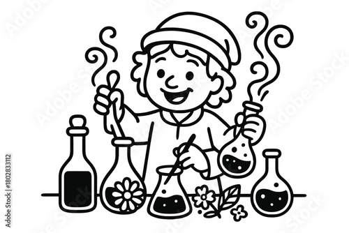 Alchemist's Potion Lab. Happy alchemist mixing potions on a table with bottles, flowers, and magical smoke, black and white line