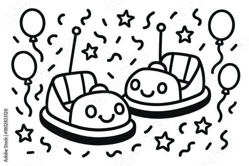 Magical Bumper Cars. Magical bumper cars with smiling headlights surrounded by confetti, balloons, and stars, black and white line