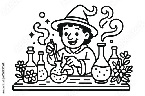 Alchemist's Potion Lab. Happy alchemist mixing potions on a table with bottles, flowers, and magical smoke, black and white line