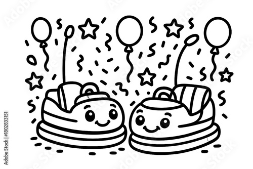 Magical Bumper Cars. Magical bumper cars with smiling headlights surrounded by confetti, balloons, and stars, black and white line