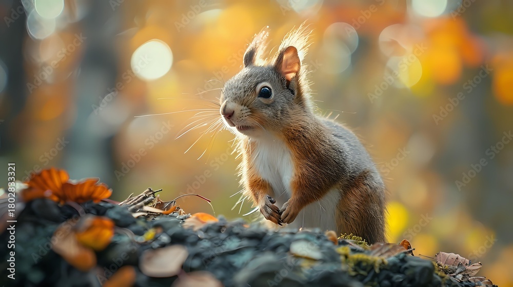 Obraz premium Curious red squirrel in autumn forest with golden bokeh background, alert and attentive amid fallen leaves and mushrooms.