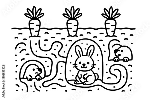 Rabbit Burrow Adventure. Funny rabbit burrow with tunnels underground, carrots growing above, and moles peeking out, black and