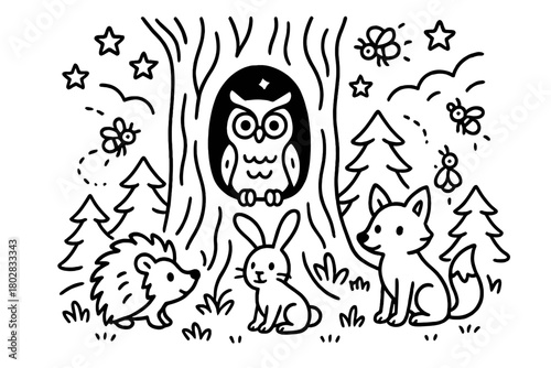 Enchanted Forest Gathering. Enchanted owl tree hollow with stars shining, fireflies glowing, and forest animals gathered, black