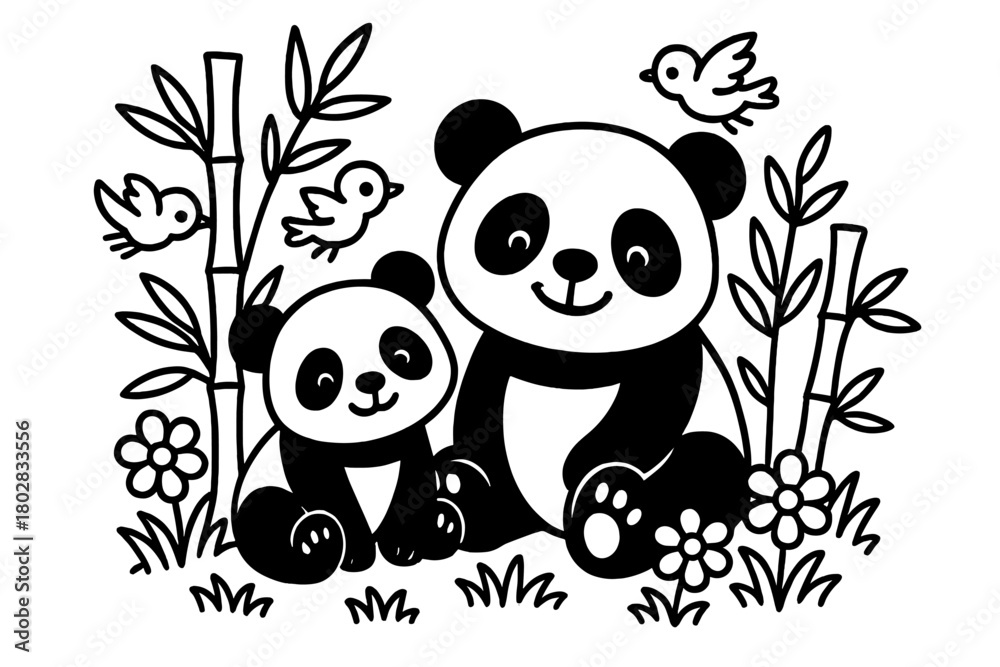 Obraz premium Pandas in Bamboo Paradise. Smiling panda with a cub sitting among bamboo, flowers, and playful birds, black and white line art,