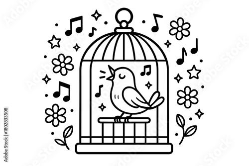 Magical Singing Canary. Magical canary singing in a cage with music notes, stars, and flowers blooming all around, black and white