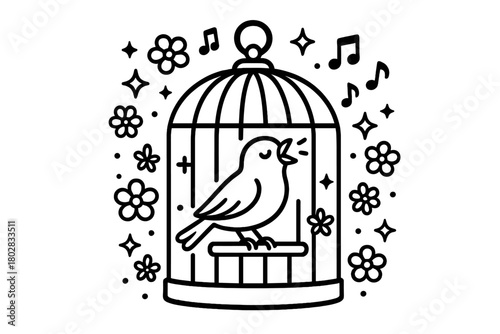 Magical Singing Canary. Magical canary singing in a cage with music notes, stars, and flowers blooming all around, black and white