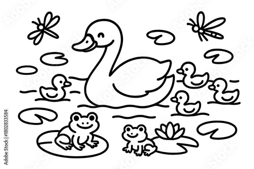 Swan and Cygnets. Happy swan gliding on a pond with cygnets following, frogs, dragonflies, and lily pads nearby, black and white