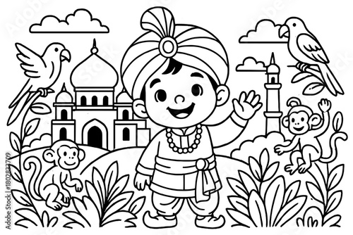 Maharaja Child and Animals. Cheerful maharaja child wearing a turban with parrots, monkeys, and palaces in the background, black