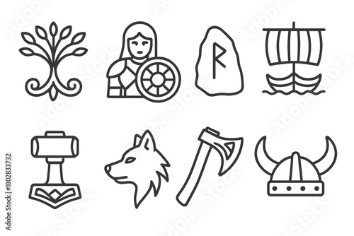 Nordic Mythology Icons. Line style icons of Nordic Myth: Yggdrasil Branch, Shield Maiden, Rune Stone, Longship Mast, Thor’s Hammer