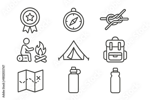 Scout Camp Icons. Line style icons of Scout Camp: Merit Badge, Compass, Knot, Campfire Story, Tent, Backpack, Map, Water Bottle,