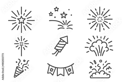 Line Style Fireworks. Line style icons of Fireworks Display: Star Burst, Night Sky, Firework Shell, Sparkler, Rocket Tube,