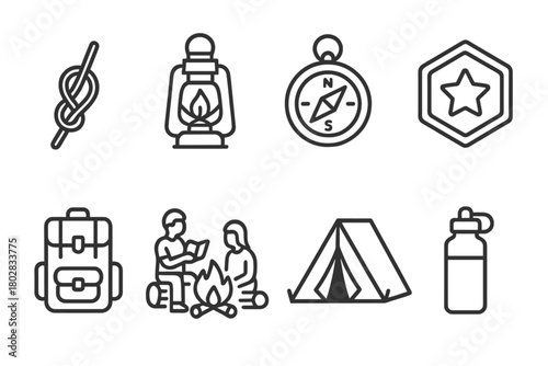 Scout Camp Icons. Line style icons of Scout Camp: Knot, Lantern, Compass, Merit Badge, Backpack, Campfire Story, Tent, Water