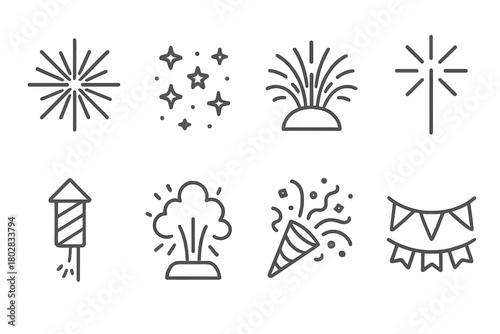 Line Style Fireworks. Line style icons of Fireworks Display: Star Burst, Night Sky, Firework Shell, Sparkler, Rocket Tube,